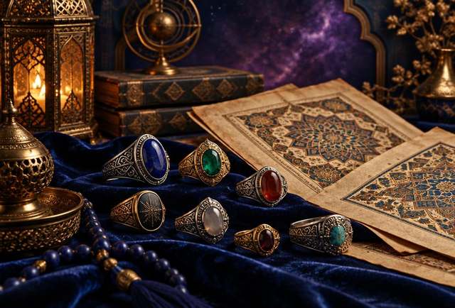 خواتم تراثية ومخطوطات هندسية تحت ضوء ذهبي