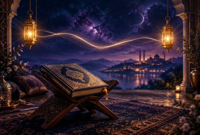 مصحف وفانوسان يصل بينهما خيط نور ذهبي