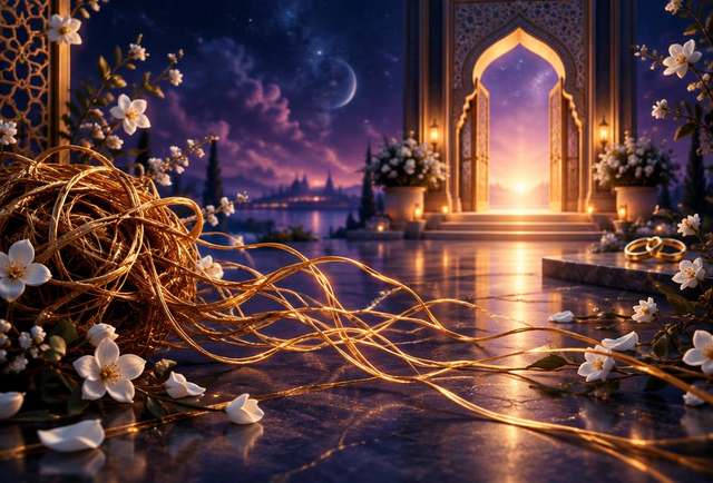 خيوط ذهبية تنفك أمام بوابة زواج مضيئة