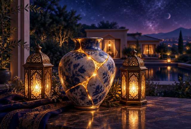 إناء متصدع أُصلح بخيوط ذهبية بين فانوسين