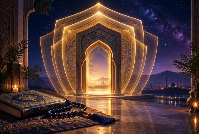 بوابة محاطة بطبقات من نور ذهبي واقٍ