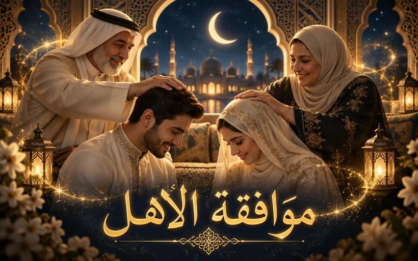 موافقة الأهل: عائلة مجتمعة حول مائدة بفوانيس ذهبية وأيدٍ متشابكة بالرضا، ورقم التواصل والواتساب