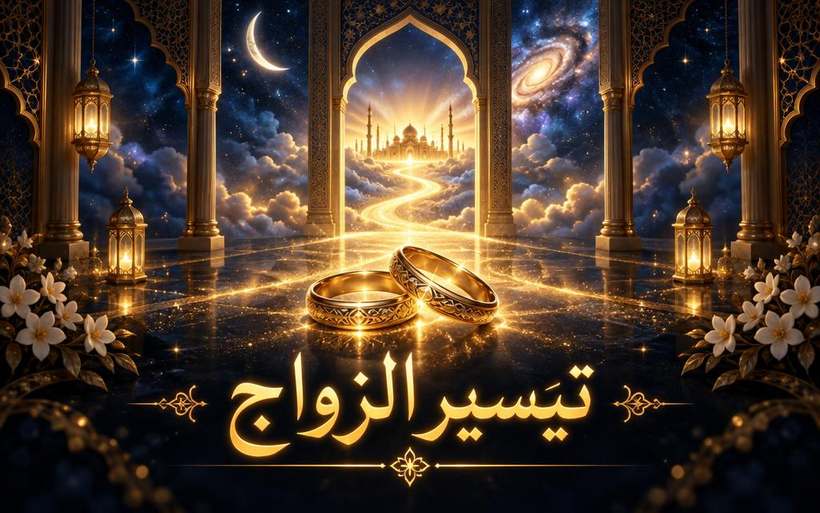 تيسير زواج العانس: عروس أمام بوابة إسلامية ذهبية مفتوحة على درب مضيء، ورقم التواصل والواتساب