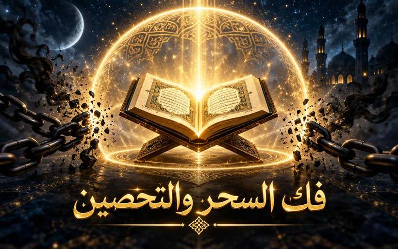 فك السحر والمس والتحصين: مصحف مفتوح داخل دائرة نور ذهبية وقيود تتفتت، ورقم التواصل والواتساب